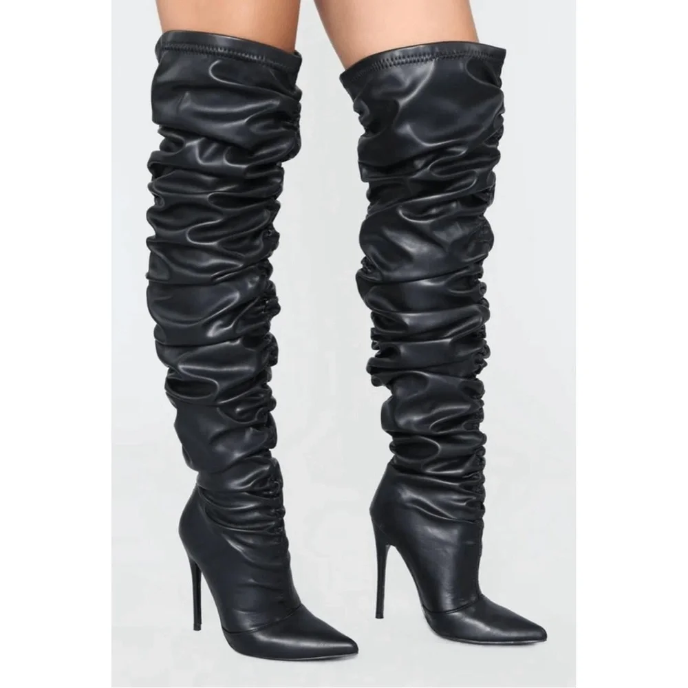 Fashion Nova Black Stiletto‎ Thigh-High Ruched Slouchy Boots Pointed Toe